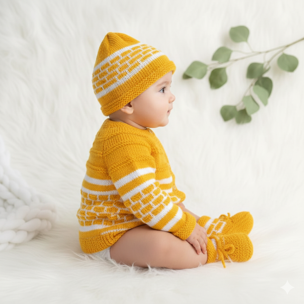 Hand knitted Box Design Sweater Set with Cap and Booties - Yellow and White