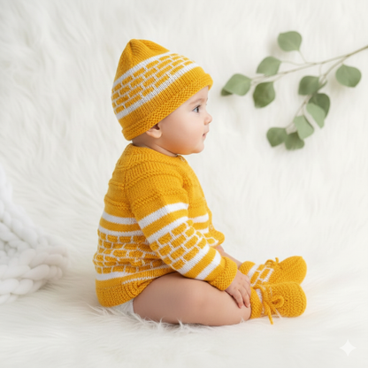 Hand knitted Box Design Sweater Set with Cap and Booties - Yellow and White