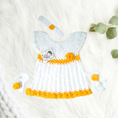 Girl's Hand Crochet Frock with Headband  - White and Yellow