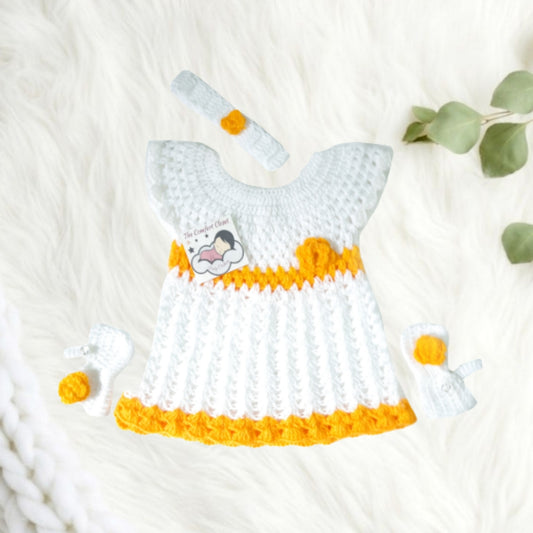Girl's Hand Crochet Frock with Headband  - White and Yellow