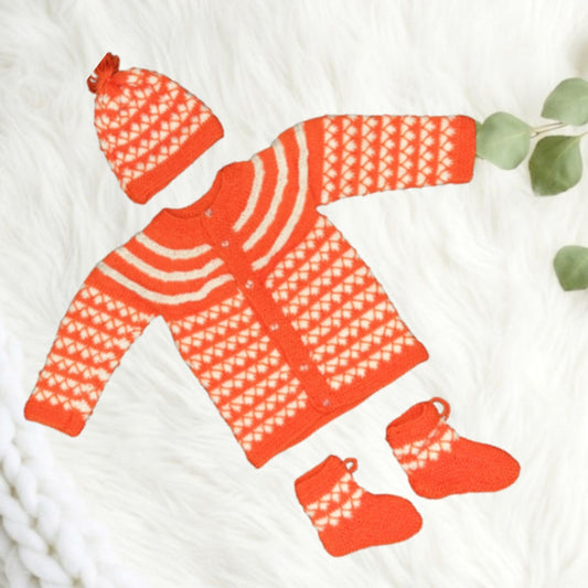 Snug and Stylish Katori Design Sweater Set with Cap and Booties - Orange