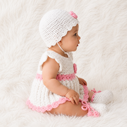 Handmade pink and white woollen frock set for baby girl with cap and booties