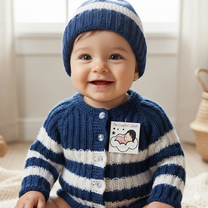 Hand Knitted Striped Sweater Set with Cap and Booties - Blue and White