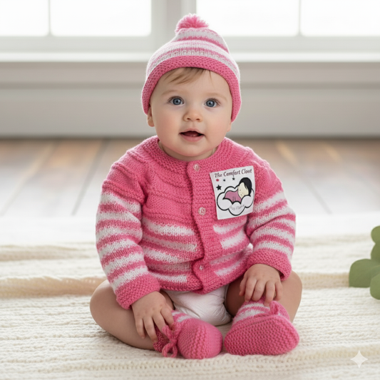 Hand Knitted Sweater Set with Cap & Booties for Baby – Baby Pink