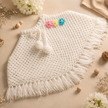 Handmade Crochet Poncho for Girls – Floral Woolen Cape with Pom-Pom & Fringe