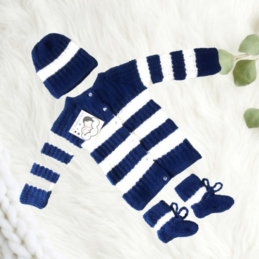 Hand Knitted Striped Sweater Set with Cap and Booties - Blue and White