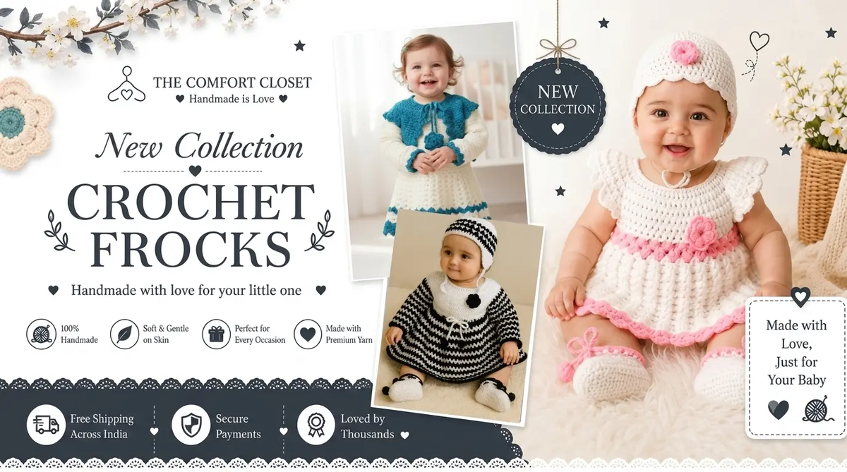 The Comfort Closet handmade baby clothing hero banner featuring baby in cozy knitted outfit